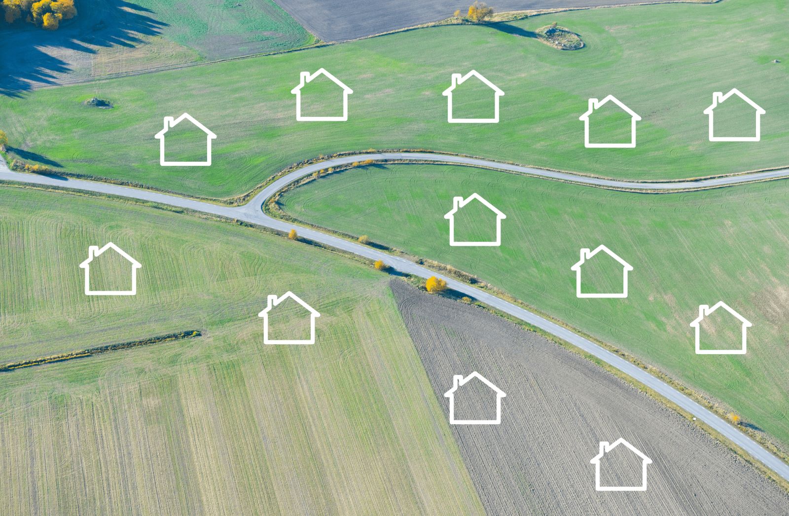 Shared Facilities at new housing developments | Open fields with icons of houses over the green areas to show areas to be used for housing developments